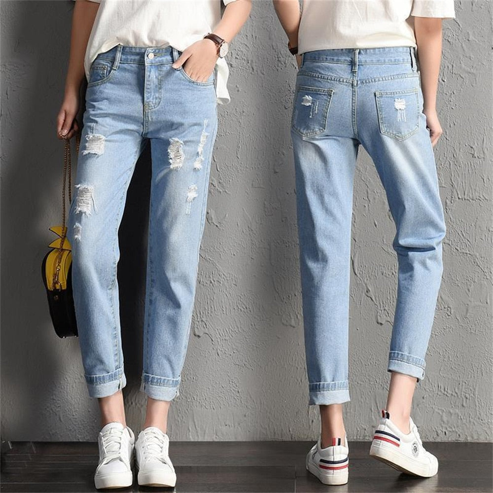 2022 New Women Fashion Mid Waist Boyfriend Big Ripped Hole Jeans