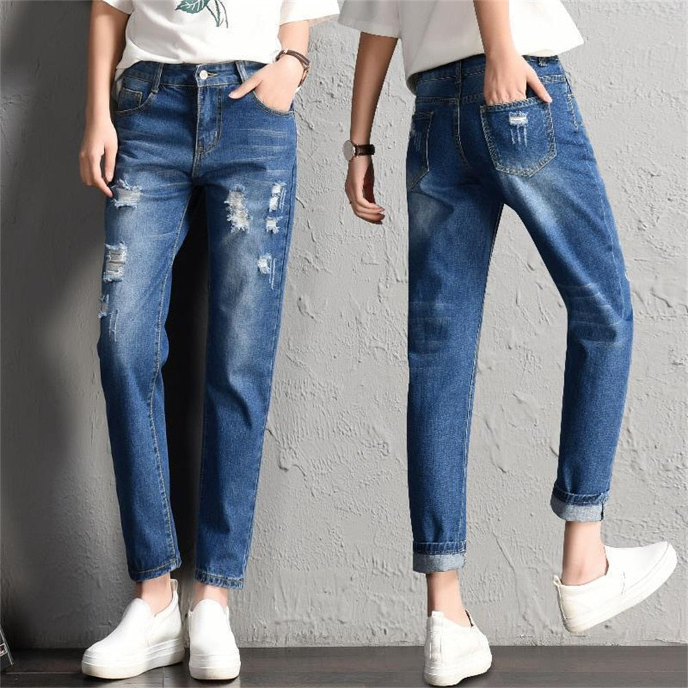 2022 New Women Fashion Mid Waist Boyfriend Big Ripped Hole Jeans