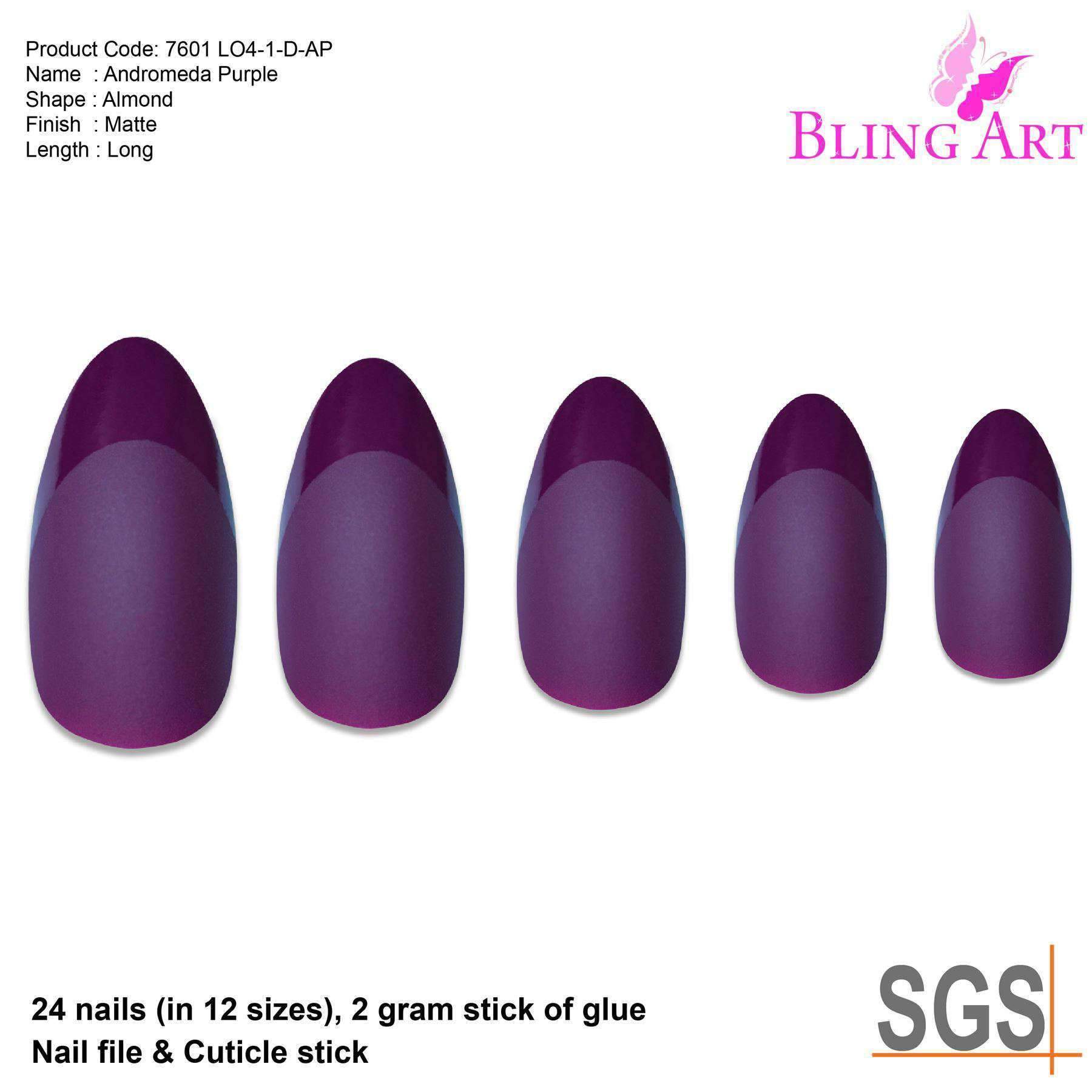 False Nails by Bling Art Purple Matte Almond Stiletto 24 Fake Long