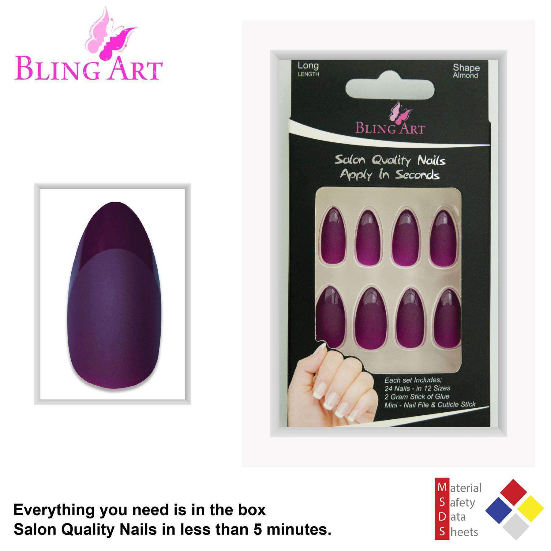 False Nails by Bling Art Purple Matte Almond Stiletto 24 Fake Long